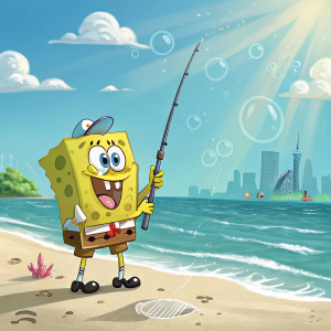 SpongeBob SquarePants, the beloved animated character, holding a fishing rod. Bright, sunny beach scene with Bikini Bottom in the background.