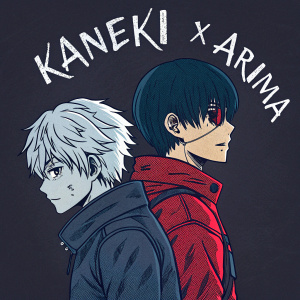 Digital artwork featuring 'Kaneki x Arima'. Dark background. Hand-drawn characters with white text. Bold and graphic style.