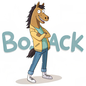 BoJack Horseman, the animated horse character, posing cheerfully. White background with the show's logo