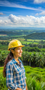 Mujer colombiana ingeniera de la industria combustible y campesino colombiano recolector de caña de azucar y de fondo una plantación de palma aceitera con vista del horizonte