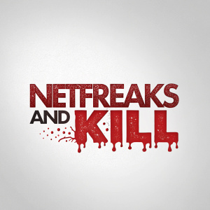 A digital illustration featuring a modified Netflix logo with the text 'NETFREAKS AND KILL' in bold, dripping red font. Edgy and dramatic design against a light grey background, creating a stark contrast. Graphic design style.