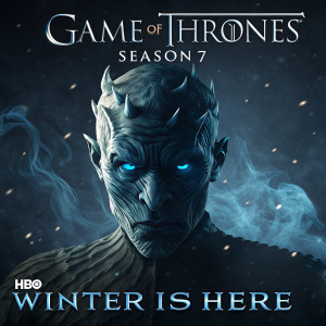 Winter is Here: Promotional poster for Game of Thrones Season 7. Demon-like character with fierce expression and piercing blue eyes. Dark and shadowy background with ethereal flame-like effects. HBO logo prominently displayed.