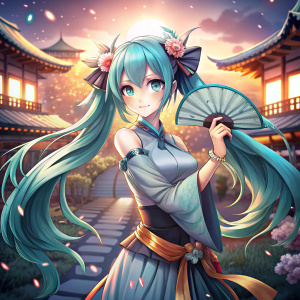Hatsune Miku, who lived in ancient times, poses holding a fan in her hand