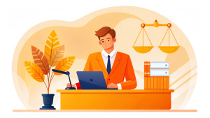 Lawyer online concept. Young guy with documents evaluates webpage for plagiarism. Protection of rights and legal support, court. Poster or banner for website. Cartoon flat vector illustration