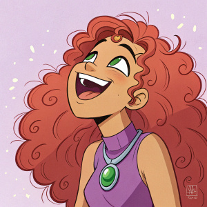 Starfire, the cheerful alien from Teen Titans, grinning broadly with white teeth. Curly red hair, purple top, and a green gem-shaped pendant. Against a soft pastel backdrop, brimming with lively energy.