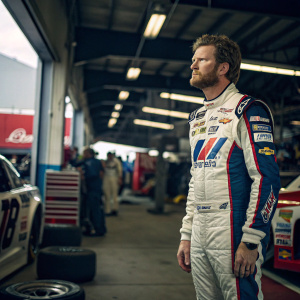 Dale Earnhardt Jr., in a NASCAR racing suit, stands in a garage surrounded by mechanics and racing equipment. Serious expression