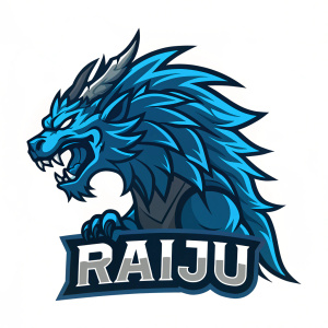 Digital art of Raiju, a fierce mythical beast. Modern design with vivid blue colors. Dynamic pose on plain white background. Name RAIJU in bold font
