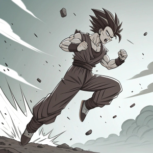 Gohan mid-air, fists clenched, intense expression, fighting stance, spiky hair, form-fitting outfit, silhouette emphasized. Dynamic scene.