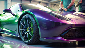 alta calidad, 8K Ultra HD, primer plano de una persona decorando un ferrari, tuning, modificaciones exteriores, llantas, color degradado morado y verde y carbono, con gente trabajando en él 