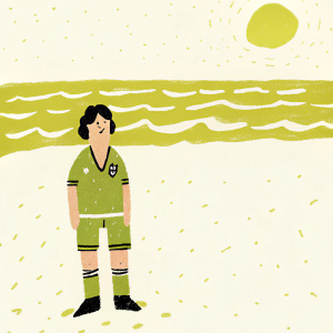 Lucas Paqueta, wearing a green jersey with sponsor logos, intense gaze, standing on a sunny beach.