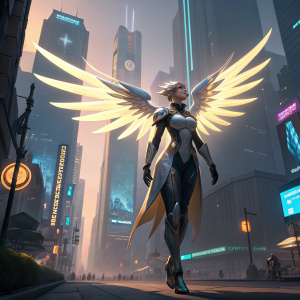 Mercy from Overwatch, with celestial wings and advanced tech suit. Futuristic cityscape background.