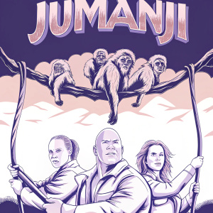 Promotional poster for Jumanji: The Next Level featuring Dwayne Johnson, Jack Black, Kevin Hart, and Karen Gillan amidst animated primates. Bold and vibrant color palette, JUMANJI text in large font.
