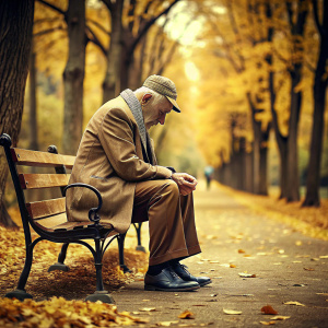 Anciano viejo, arrugado y triste sentado solo en una banca de un parque un dia de otoño