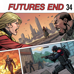 Comic book page from 'Futures End #34'. Various action-packed panels featuring characters engaged in intense dialogue and battle scenes.