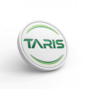 Logo design for brand 'TARIS', modern, sleek style, white background, vibrant green accents, thin line font