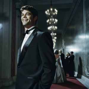 Noah Centineo at a glamorous gala. Wearing a sleek black tuxedo, he beams confidently amidst a backdrop of gold and burgundy. Sparkling chandeliers and a sea of high society guests create a dazzling scene.