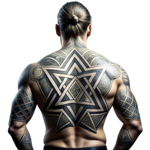 full back pieces tattoo design nordic valknut viking pattern - perfect realistic art - high-definition - grey and black 