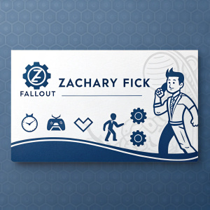 Business card featuring Zachary Fick's branding for Fallout game. Clean design, blue background, bold sans-serif font. Logo prominently displayed on left. Icons for contact methods on right, including phone number, email, and website. Minimalistic color scheme of blue and white.
