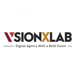 The VisionXLab logo features large, bold letters spelling 'VisionXLab' centered, with smaller text below stating 'Digital Agency with a Bold Vision'. Modern, sleek design with a professional color palette.