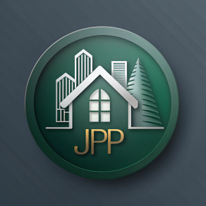 Logotipo en forma de un eclipse circular sencillo de una constructora de casas modernas y edificios  y landscapin el logo tiene que tener un árbol la figura de una casa y atrás de la casa 1 edificio. c las iniciales del mismo color visibles JGP al centro en forma de edificios
