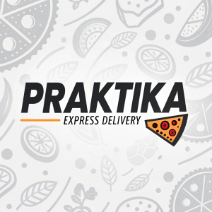 Digital artwork of Praktika Express Delivery logo, featuring 'PRAKTIKA' and 'express delivery' in bold font. Background filled with abstract shapes for a modern look. Shades of grey and black create a sleek, professional aesthetic.