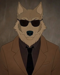 waist-length image of an antropomorfic wolf as mafia boss wearing sunglasses and bordeux jacket, with grey fur over all body