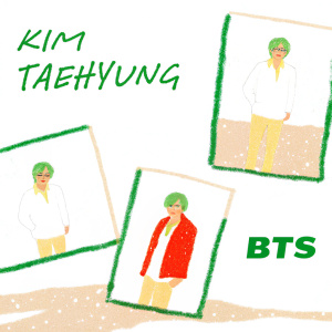 Collage featuring Kim Taehyung from BTS. Pastel blue shades, light, airy aesthetic. Social media post with text overlay.