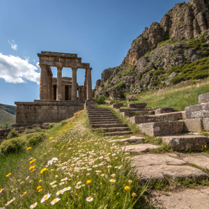 Ruins of an ancient temple in Cusco, Peru. Stone pillars and steps leading to the central structure. Grass and wildflowers cover the foreground. Rocky terrain on the right side. Clear blue sky overhead.