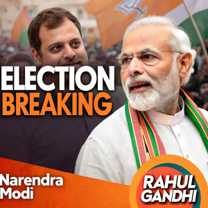 A vibrant campaign poster. Narendra Modi and Rahul Gandhi, alongside BJP logo and 'Election Breaking' text. Crowded scene with overlapping images and bold statements.