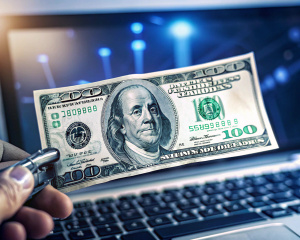 BILLETE DE DOLAR CON FONDO INFORMATICA Y UN HACKER SOSTENIENDOLO CON UN BRAZO MECANICO