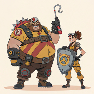 Digital art featuring Overwatch characters Roadhog and Brigitte. Flat design style with bold outlines and vibrant colors. No background details.