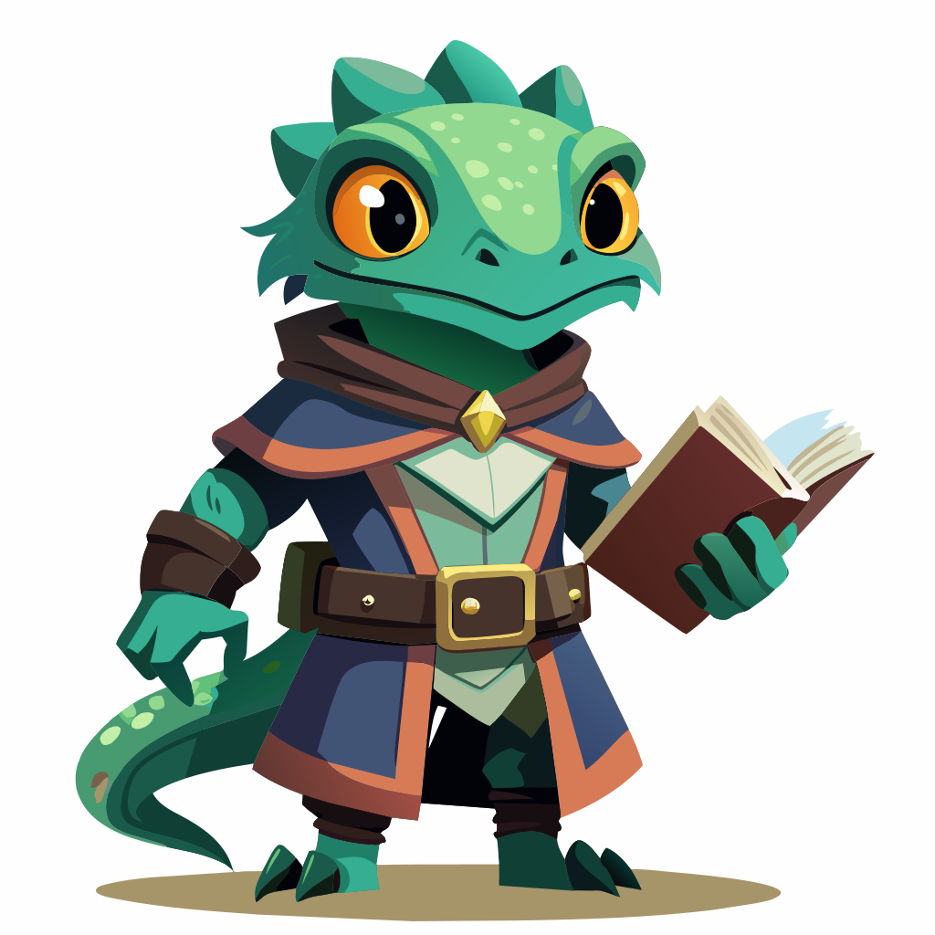 a cute MAGE lizard  WITH LEATHER CLOTHING AND BOOK . Full body image, white background, IN TRUNFO CARD FORMAT