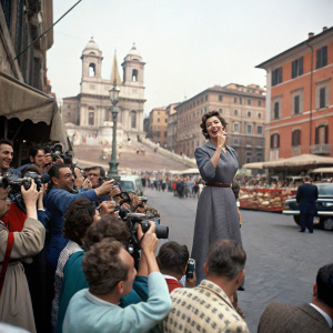 Ava Gardner surrounded by enthusiastic fans and paparazzi in Rome. Vibrant street scene