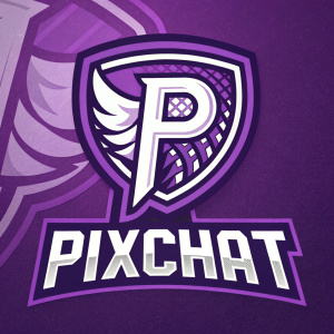 PixChat logo design. A creative blend of purple and white hues, featuring a stylized letter 'P' with intricate details, set against a bold background.