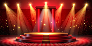 Stage podium with lighting, Stage Podium Scene with for Award Ceremony on red Background. Vector illustration