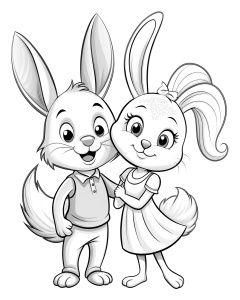 black and white, clean line art, couple rabbit in love cute, cartoon style, black and white only, vector style, for coloring book page for kids, no colors, 