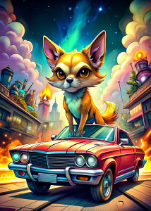   ultra detailed  convertible vintage car in San Francisco . , driving a cartoon character angry fox chihuahua dog ,background, style pop art, , style watecolor, black background,ready for print t-shirt, style art fabric, without horse, full body
