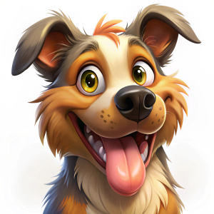 HEAD SHOT, a crazy  funny cartoon dog BITING A TENNIS BALL looking at me   , looking at me,   head only tongue lolling out, panting one ear up, the other floppy, plain white background