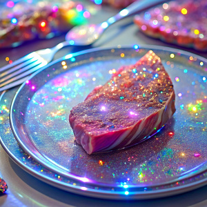
 close light pastel  very much glitter sparkly intense crystal effect fantasized glam Sprinkle Tableware steak Shimmering Bioluminescent fairytale masterpiece  Magical Holographic  Glossy Bioluminescent iridescence  Shimmering Holographic   Foil Glossy Patent Spandex Vinyl  