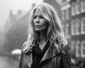 absolutely braless under the clothes 76 years old aged Claudia Schiffer holding her hips, full height body under the Amsterdam rain. B/w photoshot on Sony Alpha. Bokeh. 