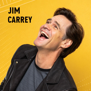 Jim Carrey making a funny face with a comedic quote. Set against a vibrant yellow background. Instagram post.