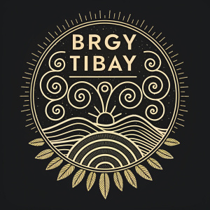 Logo for Brgy Tibay featuring intricate swirls and lines. Sunburst design at the bottom against a stark black background.