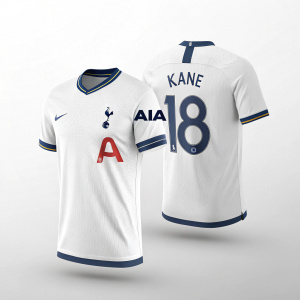 Digital artwork showcasing a custom Tottenham Hotspur jersey. The shirt is white with navy blue accents, features the AIA logo on the chest, 'KANE' emblazoned above the number 18 on the back.