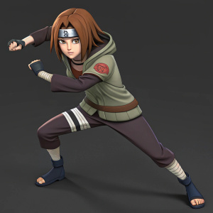 3D rendering of Rin Nohara from Naruto. Fighting stance, brown hair, intense focus. Dark gray background