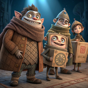 3D digital illustration of characters from 'The Boxtrolls'. The characters have diverse textures and styles. Some are wrapped in brown fabric, others have a modern grid pattern. Set against a dark blue gradient background, the image focuses on the Boxtrolls characters, showcasing an animated digital style.
