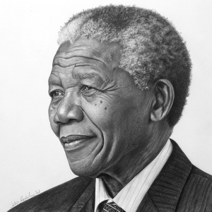 Charcoal drawing of Nelson Mandela, focused on his head and shoulders. Detailed pencil sketch with deep shadows