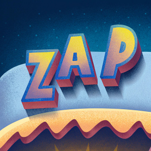 A playful, vibrant illustration of the word 'ZAP'. Bright hues of purple and yellow, reminiscent of a colorful comic strip. The lettering is large and bold with jagged edges, giving it a graffiti-like feel.