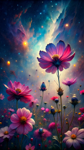 Aesthetic pink flowers with galaxy sky