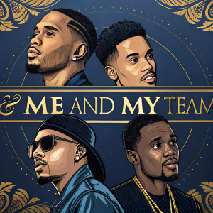 Digital art of Maejor Ali, Trey Songz, and Kid Ink. Collaborative album cover. Deep blue background with gold accents. Bold text: 'Me and My Team'.