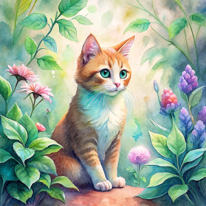 "In a beautiful, almost magical garden, where flowers grow, trees blossom, a small ginger cat sits beneath a bush. The kitten has its paw trapped in a string with a padlock."








